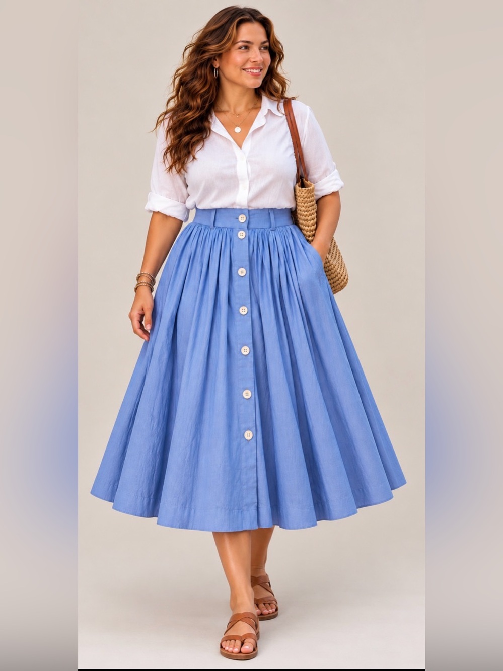 1901 Nordstrom Brand Classic Button-Front Blue Chambray Cotton Midi Skirt - 16
